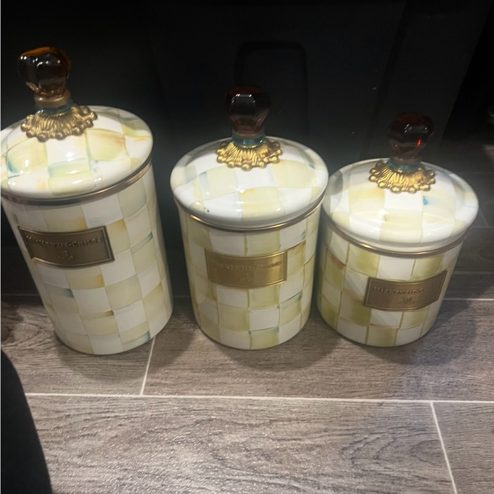 MacKenzie-Childs Checkered Canister Set - Cream and Gold